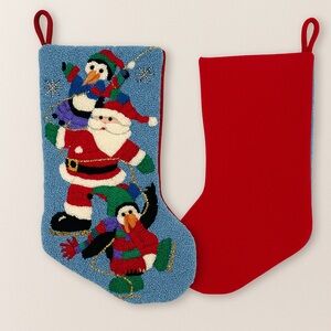 Vintage Hand Hooked Christmas Stocking | Santa Penguins | 17” Wool Backing